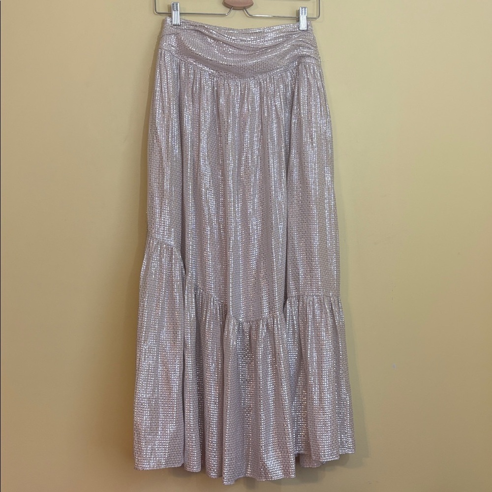 Ramy Brook | Luxe Jessie Pink Shimmer Metallic Split Front Ruffle Maxi Skirt 2 - Picture 16 of 17